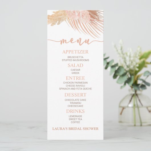 Boho Soft Pink Floral Flower Vrijgezellenfeest Foo Menu (Staand voorkant)