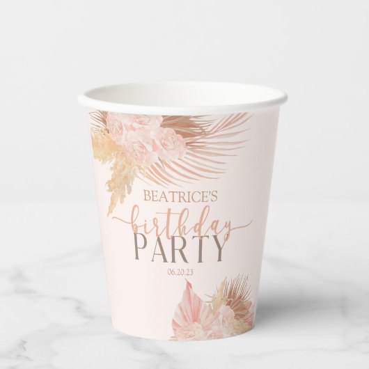 Boho Soft Pink Floral Flowers Birthday Party Papieren Bekers (Voorkant)
