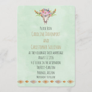 Boho Southwestern Koe Skull Wedding Invite Kaart