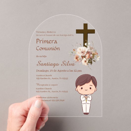 Boho Spanish First Holy Communion Acryl Uitnodigingen (Insitu (Draagbaar))