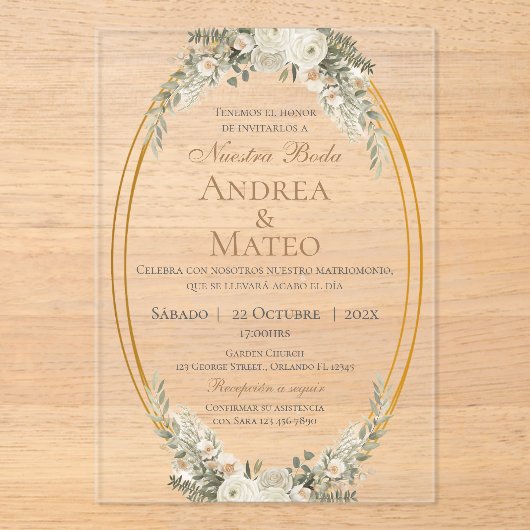 Boho Spanish Wedding Acrylic Invitation Acryl Uitnodigingen (Voorkant)