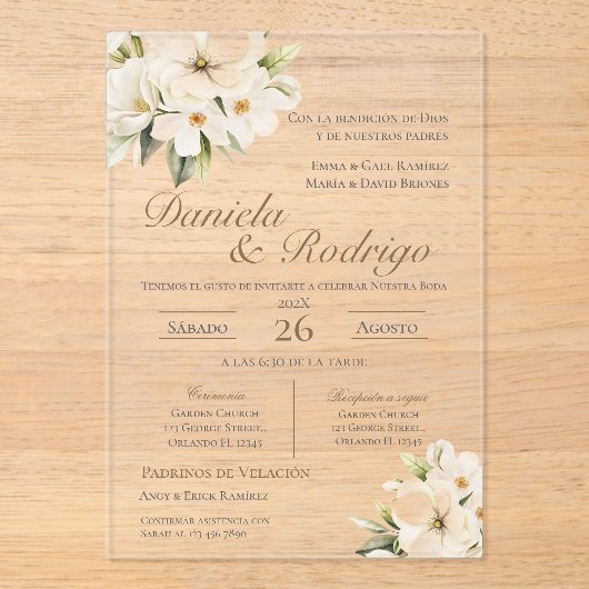 Boho Spanish Wedding Acrylic Invitation Acryl Uitnodigingen (Voorkant)
