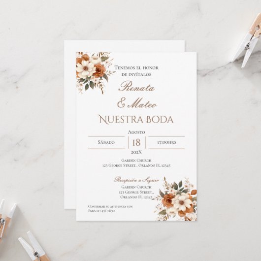 Boho Spanish Wedding Invitation Kaart (Voorkant / Achterkant in situ)