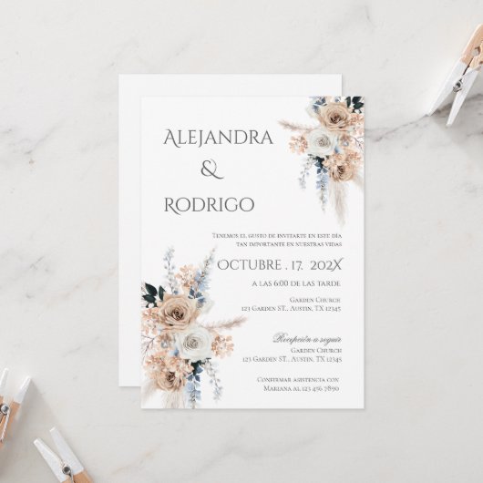 Boho Spanish Wedding Invitation Kaart (Voorkant / Achterkant in situ)