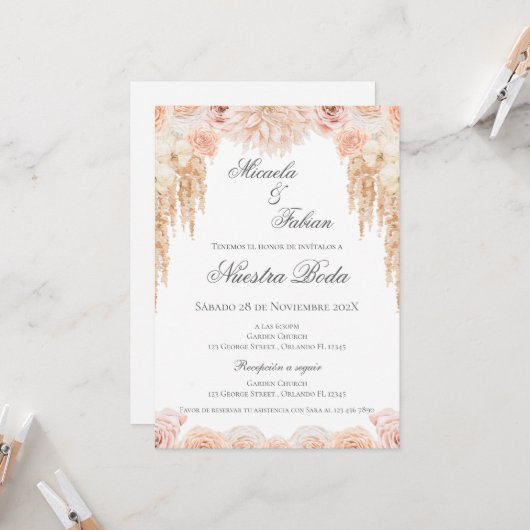 Boho Spanish Wedding Invitation Kaart (Voorkant / Achterkant in situ)