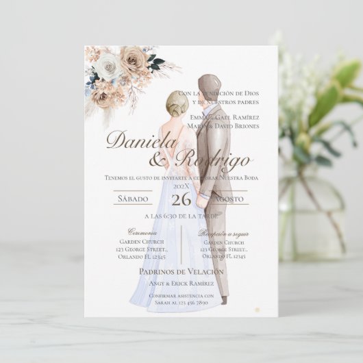 Boho Spanish with bride and groom wedding Kaart (Staand voorkant)