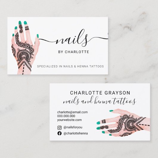 Boho spijkert groene henna tattoos illustratie visitekaartje (Voorkant / Achterkant)