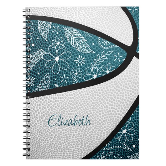Boho-sportdoedels blauwgroen wit basketbal notitieboek (Voorkant)