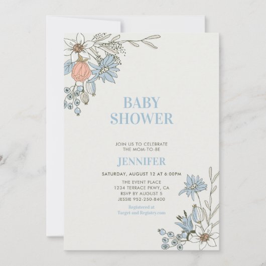 Boho Spring Blue Floral Baby shower Kaart (Voorkant)