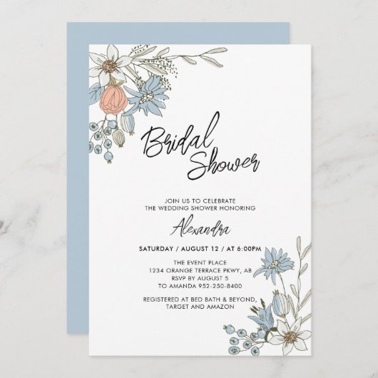 Boho Spring Blue Floral Bridal Brunch Shower Invit Kaart (Voorkant / Achterkant)