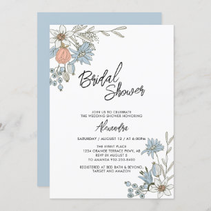Boho Spring Blue Floral Bridal Brunch Shower Invit Kaart