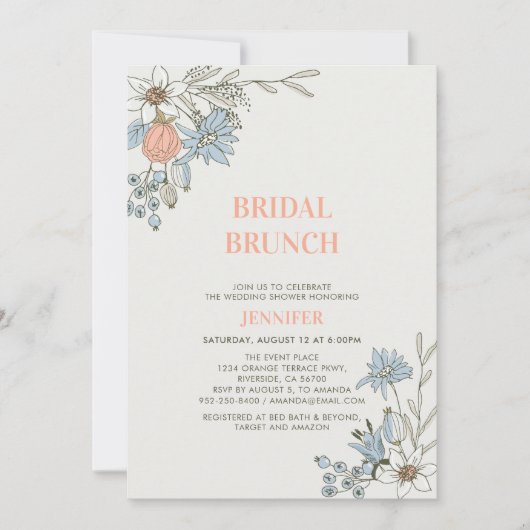 Boho Spring Blue Floral Bridal Brunch Shower Invit Kaart (Voorkant)