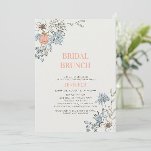 Boho Spring Blue Floral Bridal Brunch Shower Invit Kaart (Staand voorkant)