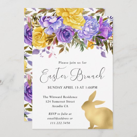 Boho Spring Flowers en Gold Bunnies Easter Brunch Kaart (Voorkant / Achterkant)