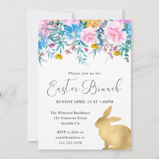 Boho Spring Flowers en Gold Bunnies Easter Brunch Kaart (Voorkant)