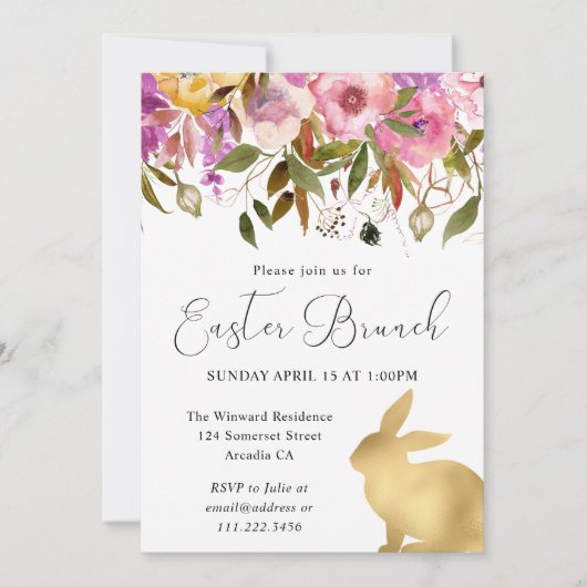 Boho Spring Flowers en Gold Bunnies Easter Brunch Kaart (Voorkant)