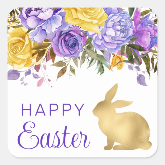 Boho Spring Flowers en Gold Bunnies Happy Easter Vierkante Sticker (Voorkant)