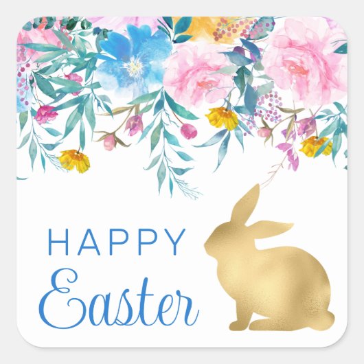 Boho Spring Flowers en Gold Bunnies Happy Easter Vierkante Sticker (Voorkant)