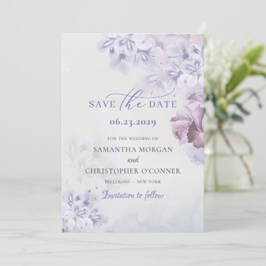 Boho spring paars en stoffige blauwe bloemmot save the date (Staand voorkant)