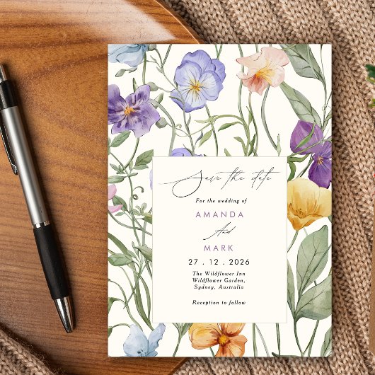 Boho Spring Paarse Wildflowers bloei Save the date Kaart