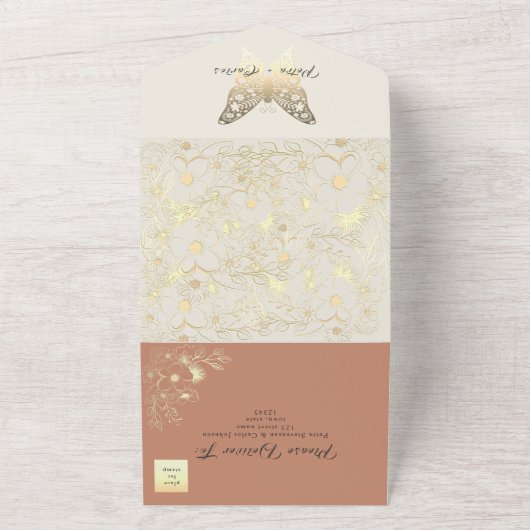 Boho Spring Peach bruiloft All In One Uitnodiging (Buitenkant)