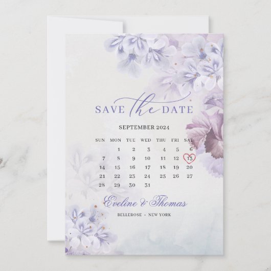 Boho spring purple bloemen in maandagalkalender save the date (Voorkant)