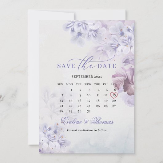 Boho spring purple bloemen na maandkalender sa save the date (Voorkant)