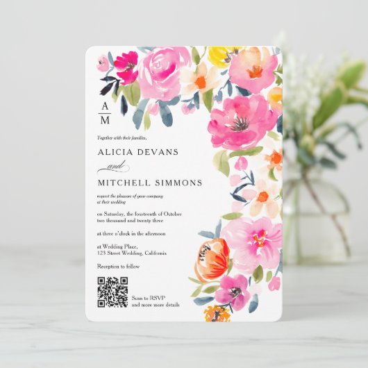 Boho Spring Waterverf Bloemen Huwelijk QR bruiloft Kaart (Staand voorkant)