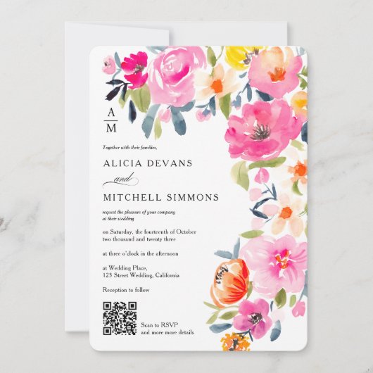 Boho Spring Waterverf Bloemen Huwelijk QR bruiloft Kaart (Voorkant)