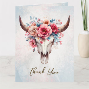 Boho Spring Waterverf Floral Koe Skull Wedding Bedankkaart