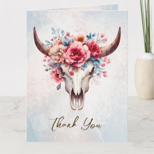Boho Spring Waterverf Floral Koe Skull Wedding Bedankkaart (Voorkant)