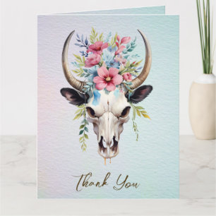 Boho Spring Waterverf Floral Koe Skull Wedding Bedankkaart