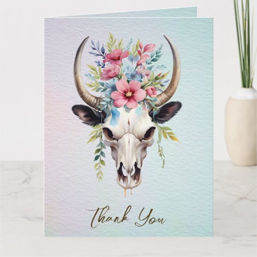 Boho Spring Waterverf Floral Koe Skull Wedding Bedankkaart (Voorkant)