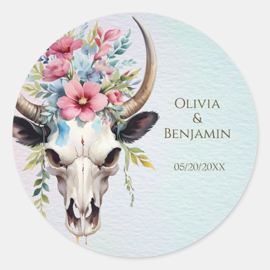 Boho Spring Waterverf Floral Koe Skull Wedding Ronde Sticker (Voorkant)