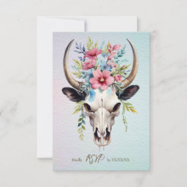 Boho Spring Waterverf Floral Koe Skull Wedding RSVP Kaartje