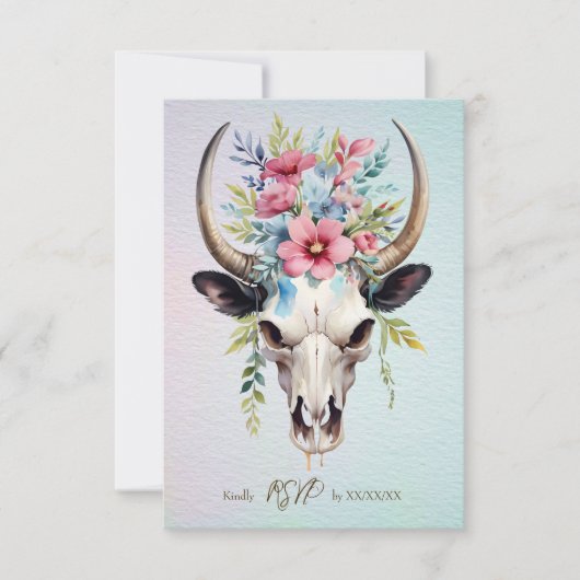 Boho Spring Waterverf Floral Koe Skull Wedding RSVP Kaartje (Voorkant)