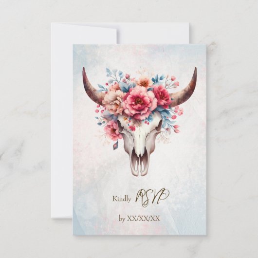 Boho Spring Waterverf Floral Koe Skull Wedding RSVP Kaartje (Voorkant)