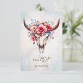 Boho Spring Waterverf Floral Koe Skull Wedding RSVP Kaartje (Staand voorkant)