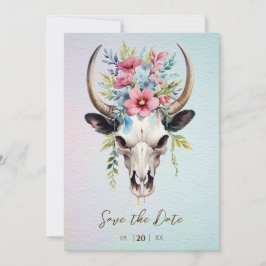 Boho Spring Waterverf Floral Koe Skull Wedding Save The Date