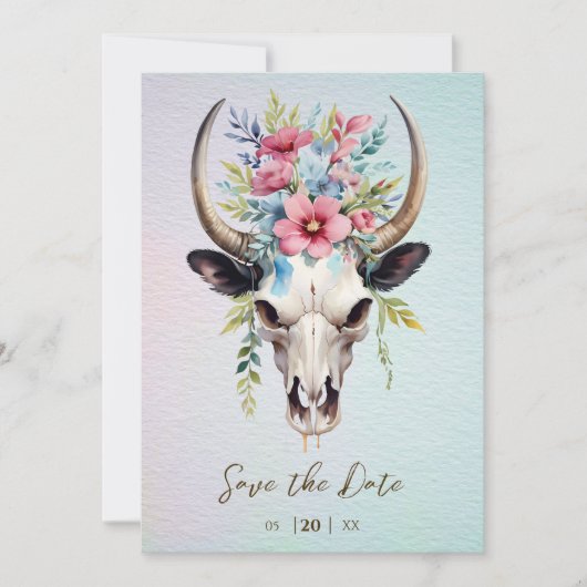 Boho Spring Waterverf Floral Koe Skull Wedding Save The Date (Voorkant)