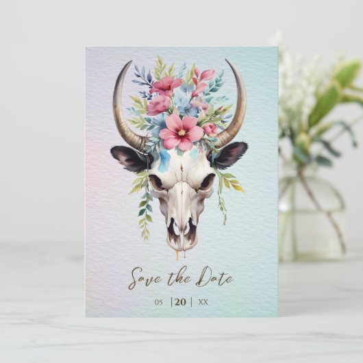Boho Spring Waterverf Floral Koe Skull Wedding Save The Date (Staand voorkant)