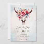 Boho Spring Waterverf Floral Koe Skull Wedding Save The Date (Voorkant)