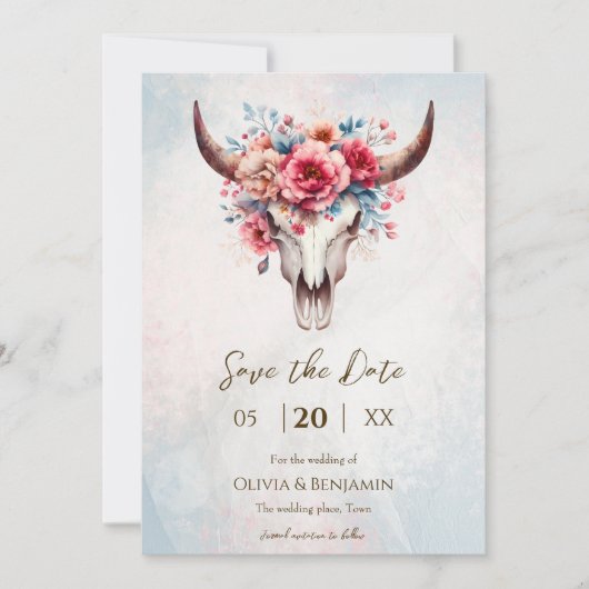 Boho Spring Waterverf Floral Koe Skull Wedding Save The Date (Voorkant)