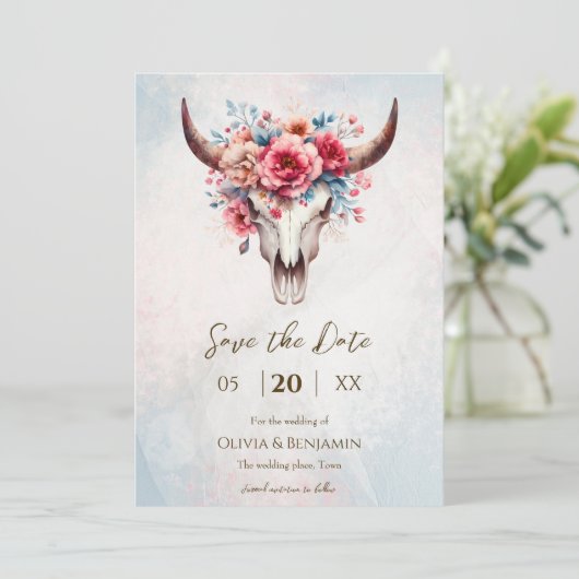 Boho Spring Waterverf Floral Koe Skull Wedding Save The Date (Staand voorkant)
