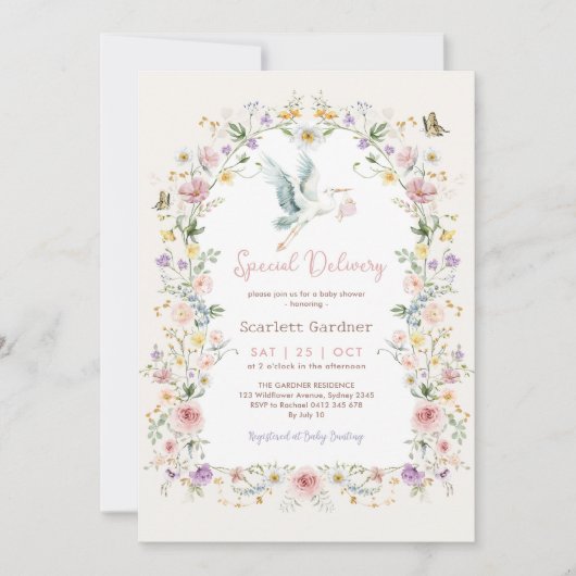 Boho Spring Wildflower Ooievaar Meisje Baby shower Kaart (Voorkant)