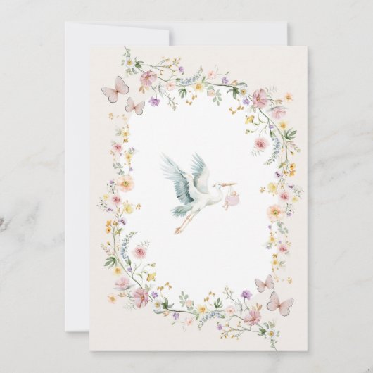 Boho Spring Wildflower Ooievaar Meisje Baby shower Kaart (Achterkant)