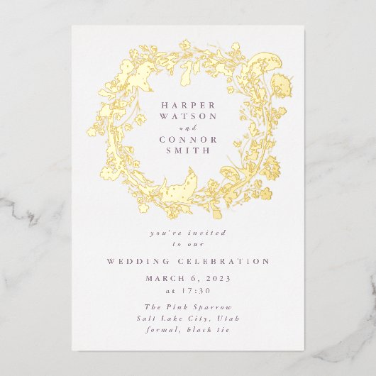 Boho Spring Wreator Wildflower Pampas Ppress Gold Folie Uitnodiging (Voorkant)