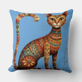 Boho Stam Cat Schattige Volkskunst met Bloemen Kussen