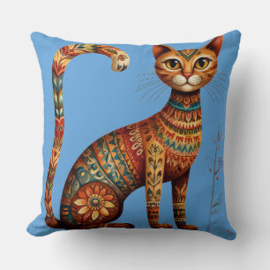 Boho Stam Cat Schattige Volkskunst met Bloemen Kussen