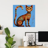 Boho Stam Cat Schattige Volkskunst met Bloemen Poster (Thuiskantoor)